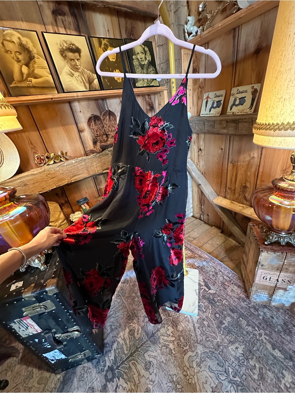 Anthropologie Black Jumpsuit with Red & Pink Floral Embroidery